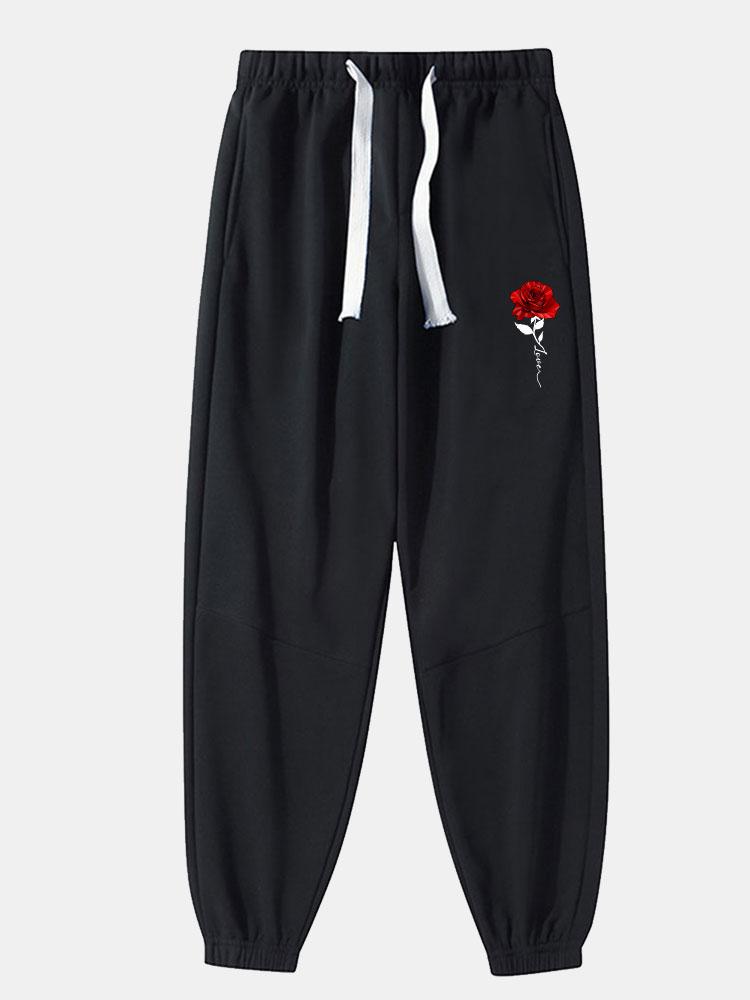 Rose Print Cotton Blend Jogger Pants