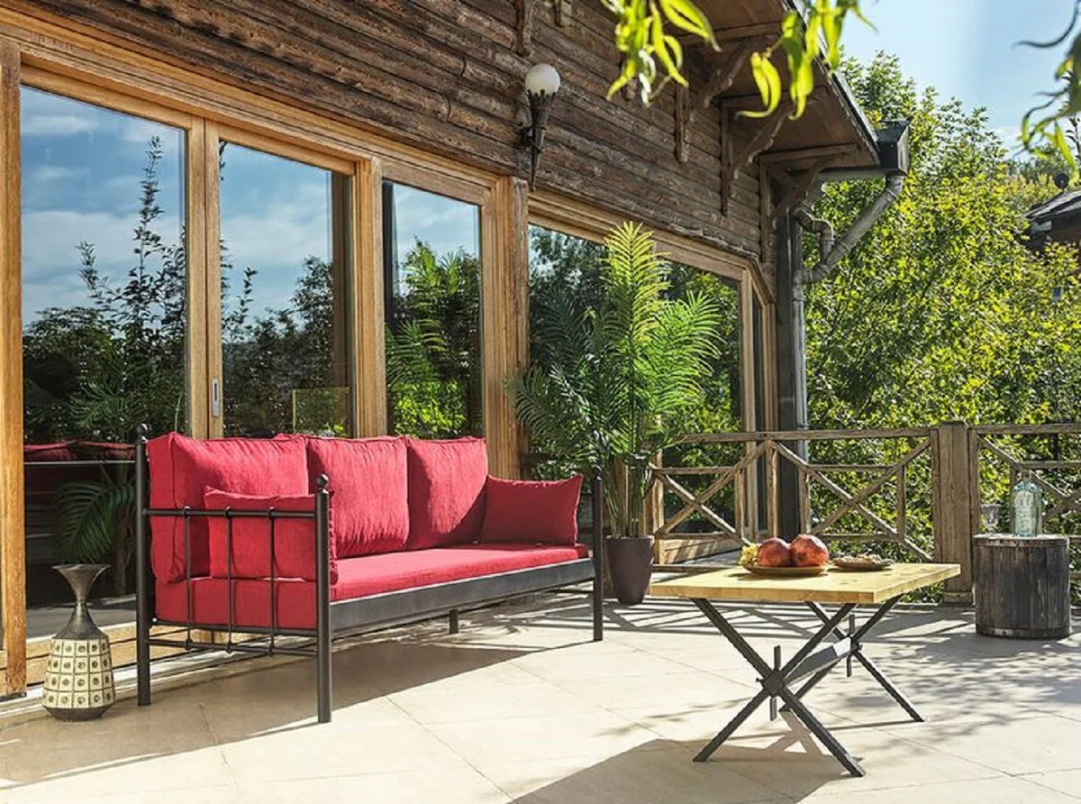 Casa Padrino sofá de jardín Art Nouveau negro / rojo burdeos 200 x 70 x A. 92 cm - Sofá de Jardín - Sofá de Terraza - Muebles de Jardín y Terraza Art Nouveau