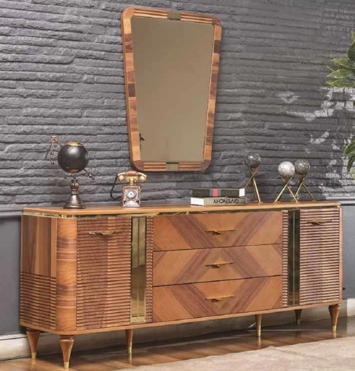 Casa Padrino aparador Art Deco de lujo marr¨®n / oro 200 x 42 x A. 72 cm - Gabinete noble de madera maciza con 2 puertas y 3 cajones - Muebles Art Deco - Muebles de lujo
