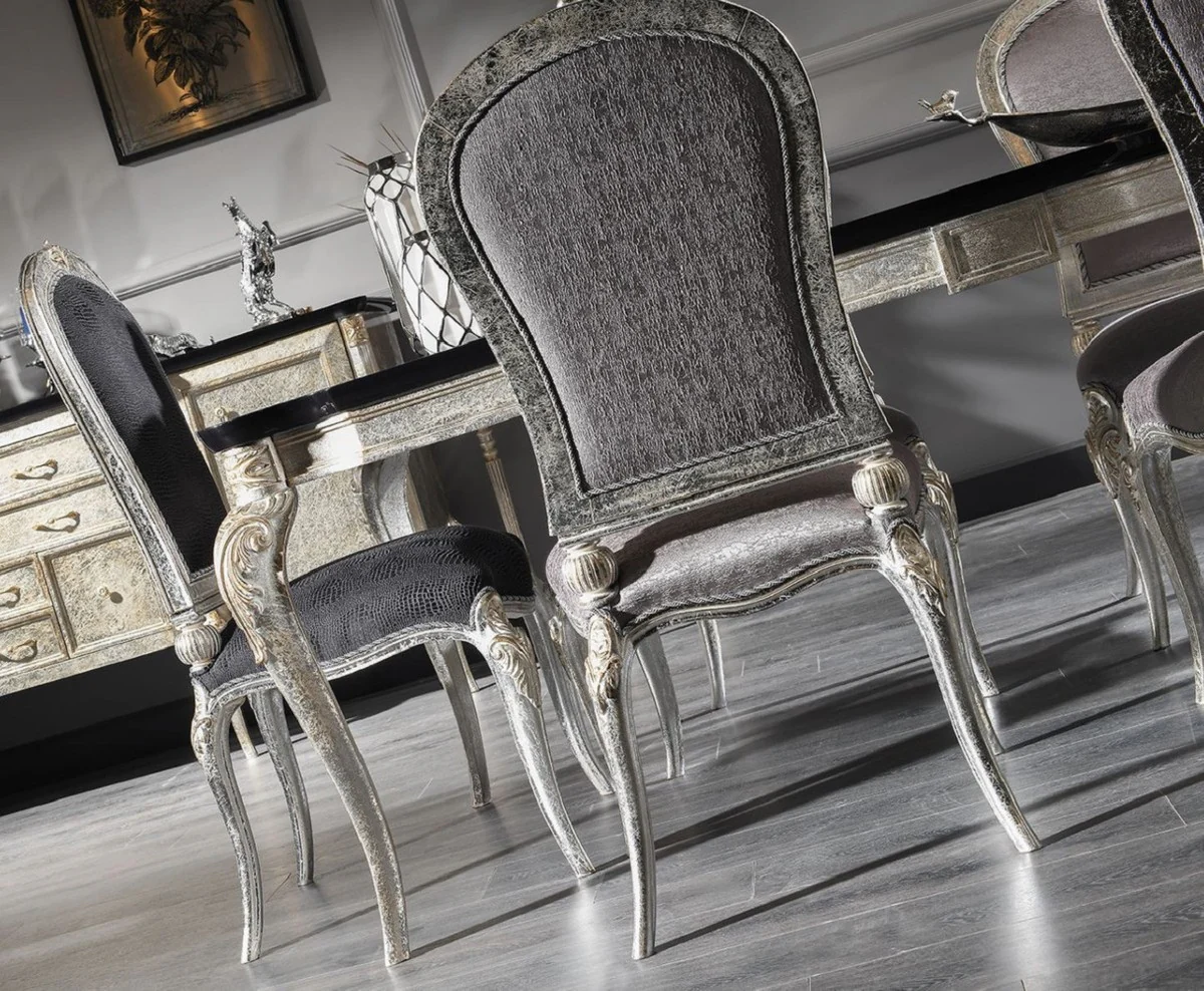 Casa Padrino conjunto de sillas de comedor barroco de lujo gris oscuro / plata antigua / oro - Conjunto de sillas de cocina de 6 hecho a mano - Muebles de comedor barrocos - Noble & Splendid