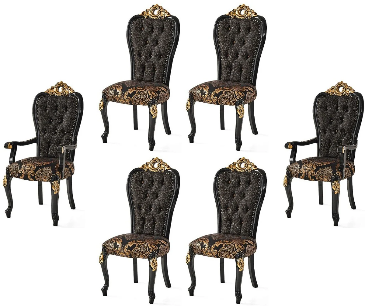 Casa Padrino conjunto de sillas de comedor barroco de lujo negro / oro - Conjunto de sillas de cocina de 6 - Muebles de comedor barrocos - Noble & Magn¨ªfico