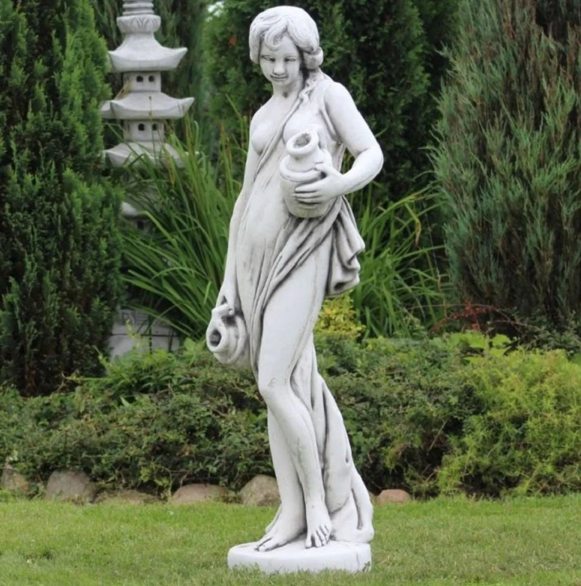 Casa Padrino escultura de g¨¢rgola Art Nouveau mujer con jarras gris A. 140 cm - Elegante figura de piedra de g¨¢rgola - Accesorios de Decoraci¨®n de Jard¨ªn Barroco y Art Nouveau