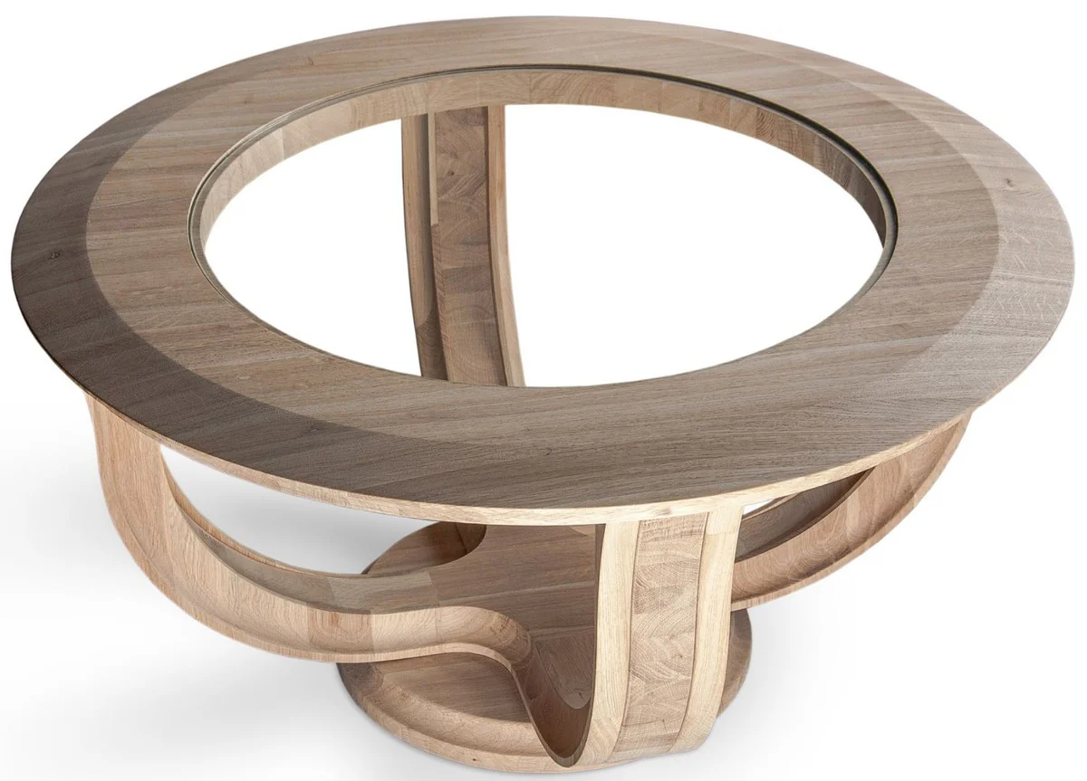 Casa Padrino mesa de centro de lujo de madera maciza natural ? 73 x A. 43 cm - Mesa de sal¨®n redonda de madera de roble con tapa de vidrio - Muebles de sal¨®n de madera maciza