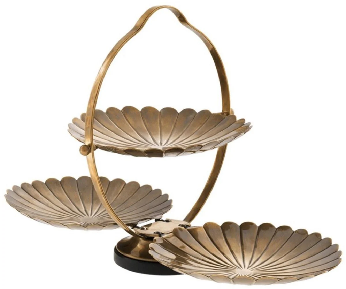 Casa Padrino diseñador etagere con asa latón vintage / negro 42 x 22,5 x H. 26,5 cm - Bandeja de Servir de Latón de Lujo Plegable con Base de Granito