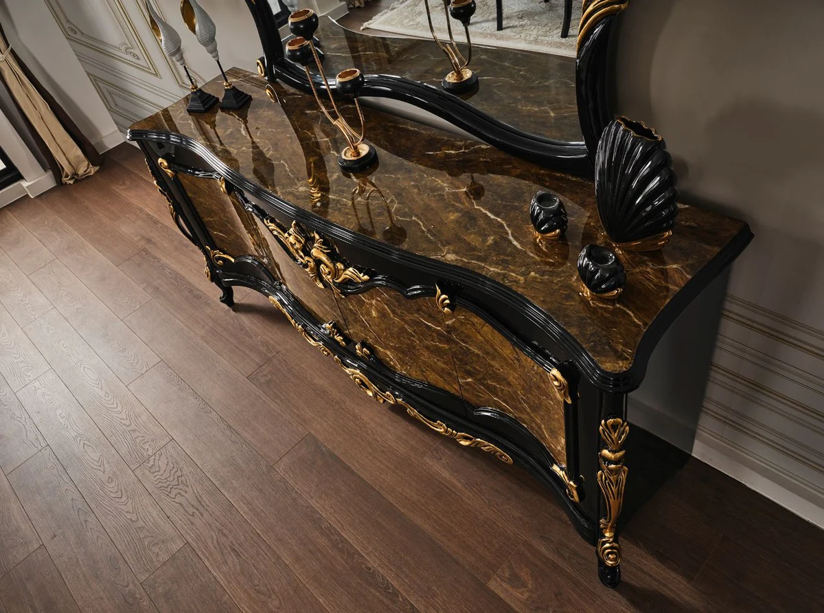 Casa Padrino conjunto de muebles barrocos de lujo aparador con espejo marrón / negro / oro - Magnífico mueble de madera maciza con 4 puertas y elegante espejo de pared - Muebles de estilo barroco