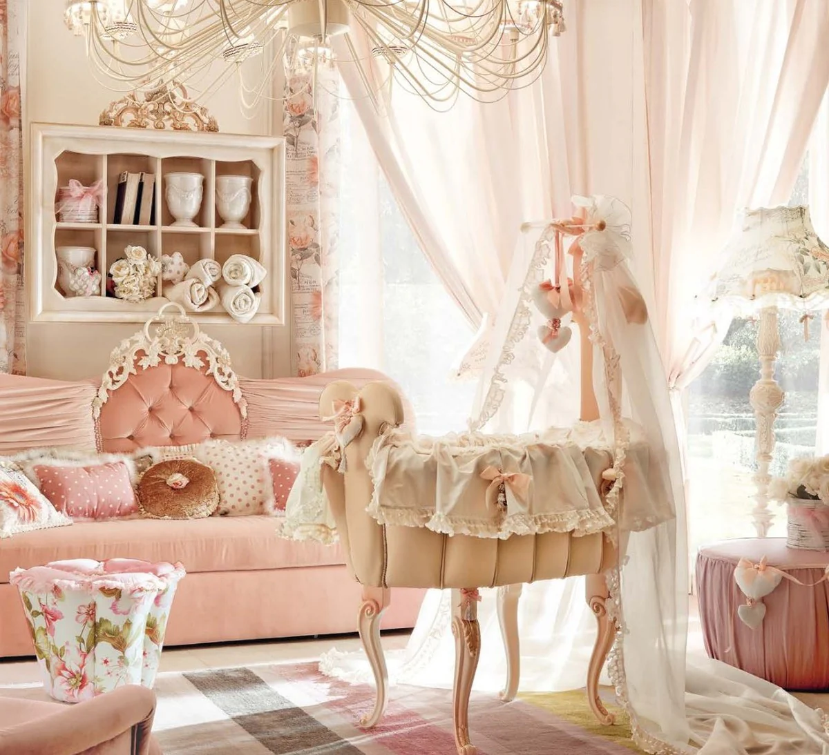 Casa Padrino bebé cama mecedora barroco de lujo rosa - Magnífica cama mecedora de bebé de madera maciza - Muebles barrocos para bebés - Calidad de primera clase - Hecho en Italia