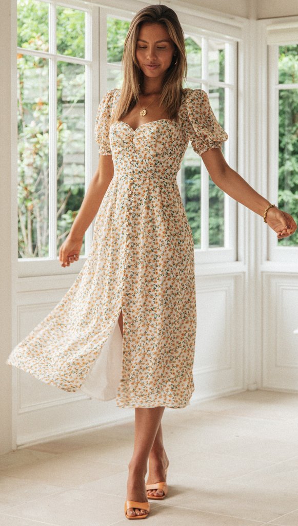 Women's Puff Sleeve Printed Slit Dress