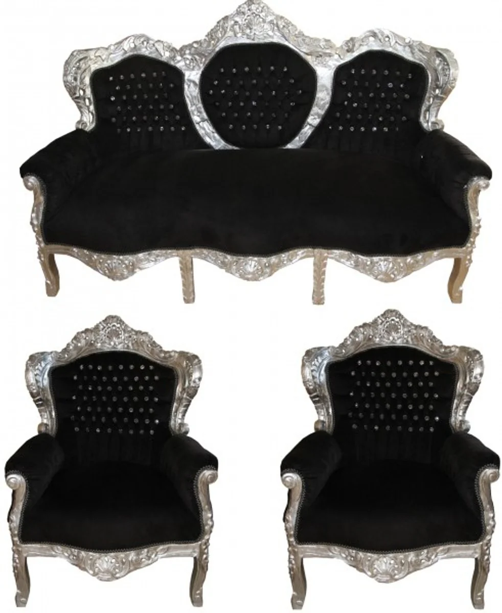 Casa Padrino baroque living room  King  Black / Silver Bling Bling diamante - 3 seater sofa + 2 armchairs