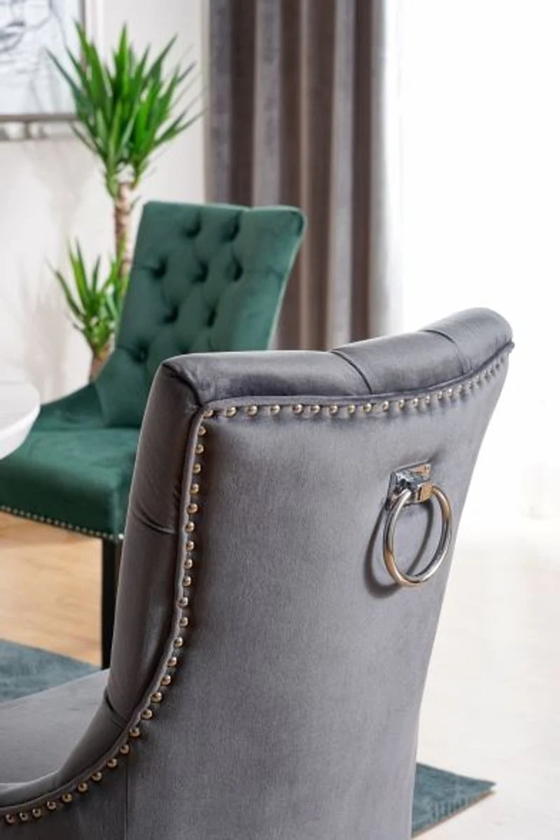 Silla de comedor Chesterfield de lujo Casa Padrino gris / plateado / negro - silla de cocina con tela de terciopelo - muebles de comedor