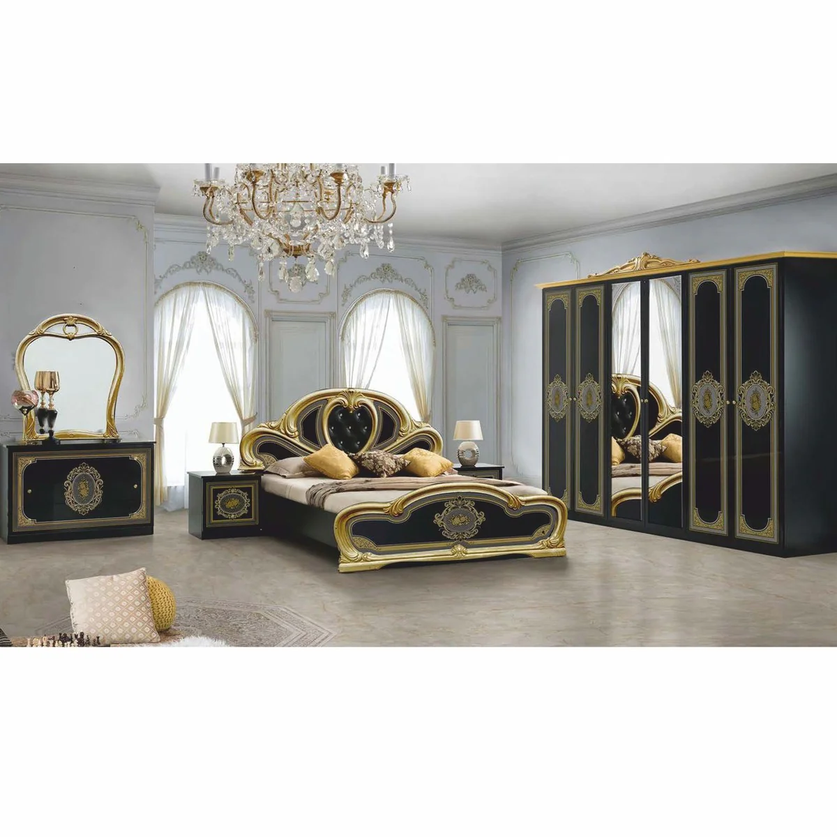 Casa Padrino cama doble barroco de lujo con pedrer¨ªa negro / gris / oro - Muebles de dormitorio
