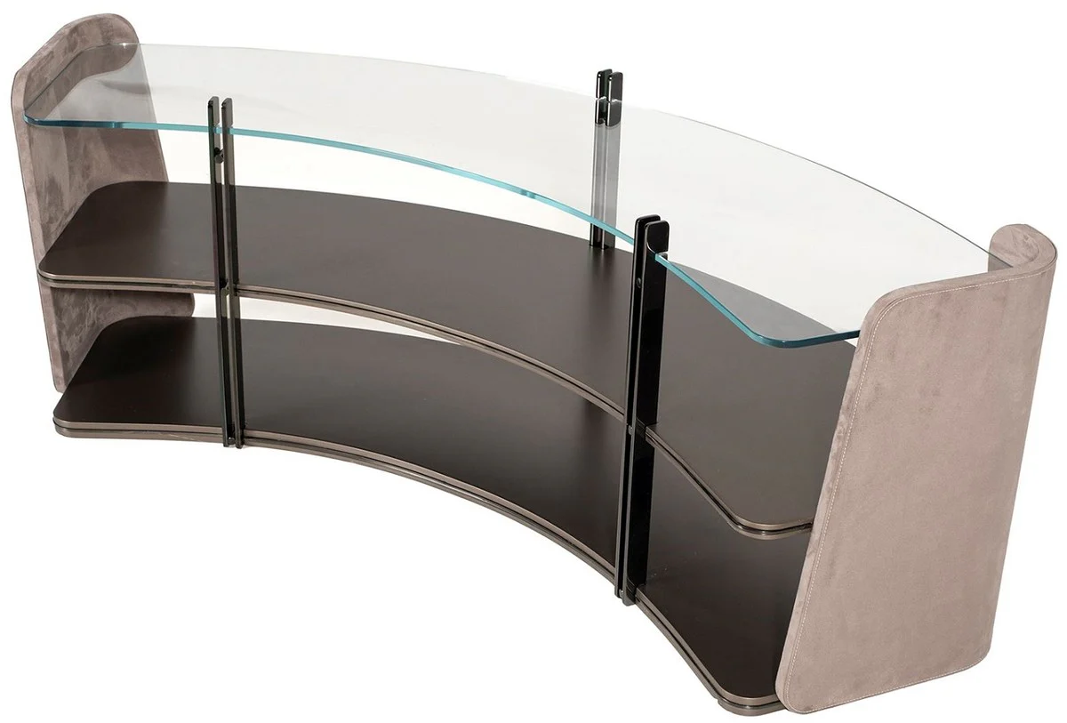 Casa Padrino armario de estanter¨ªa de lujo gris / marr¨®n oscuro / bronce 141,45 x 105,41 x A. 61,5 cm - Armario curvo con tapa de vidrio - Muebles de sal¨®n - Muebles de hotel - Muebles de lujo