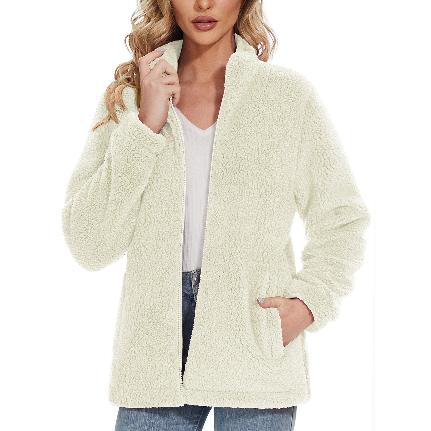 Women Sherpa Jacket Full-Zip Fuzzy Fleece Teddy Casual Coats Zip Pockets Winter Warm Soft Jackets