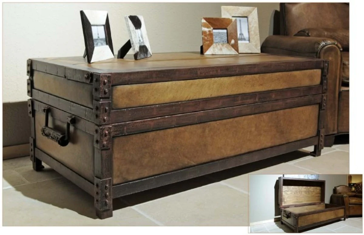 Casa Padrino antique style leather chest Braun L120 x W60 x H47 cm - Real Leather Vintage Look