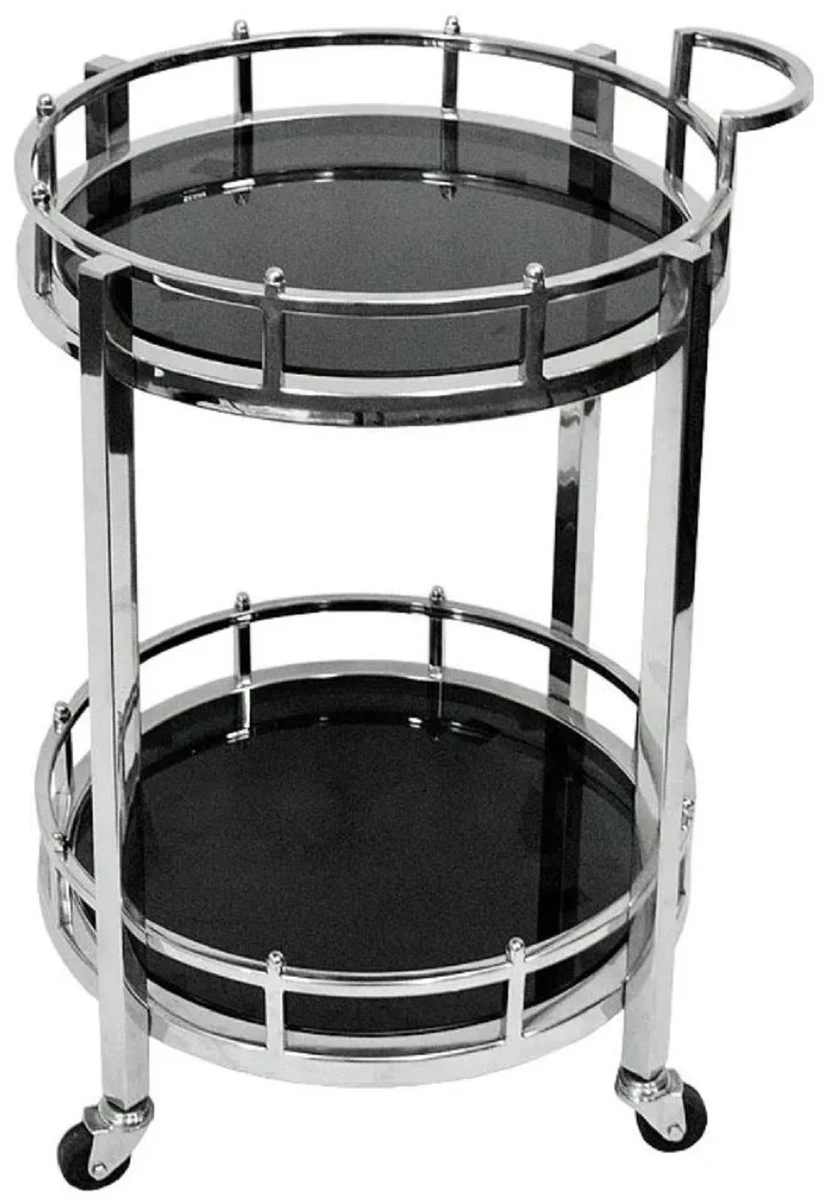 Casa Padrino carrito de servicio plata / negro ? 50 x A. 78 cm - Carrito redondo de metal con placas de vidrio - Carrito de gastronom¨ªa restaurante de hotel - Accesorios hoteles y restaurantes