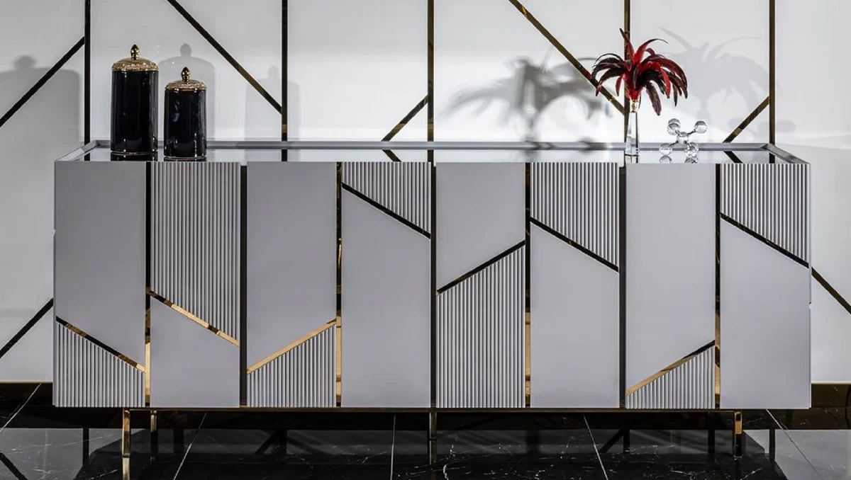 Casa Padrino aparador de lujo gris / oro 220 x 51 x A. 86 cm - Armario de madera maciza con 4 puertas - Muebles de comedor - Muebles de sal¨®n - Muebles de hotel - Muebles de lujo