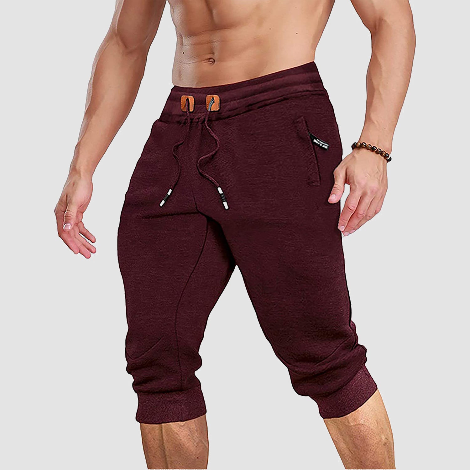 Men Capris Joggers with Zipper Pocket Drawstring Tapered Training Shorts