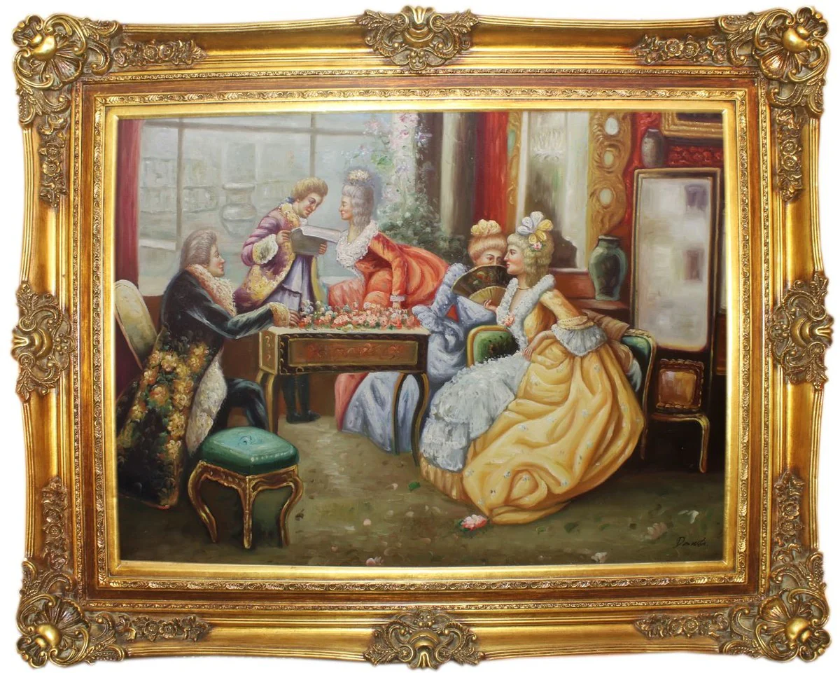 Casa Padrino pintura al óleo barroco La Lectura multicolor / oro 160 x 10 x A. 130 cm - Pintura pintada a mano con marco magnífico en estilo barroco - Decoración de Estilo Barroco