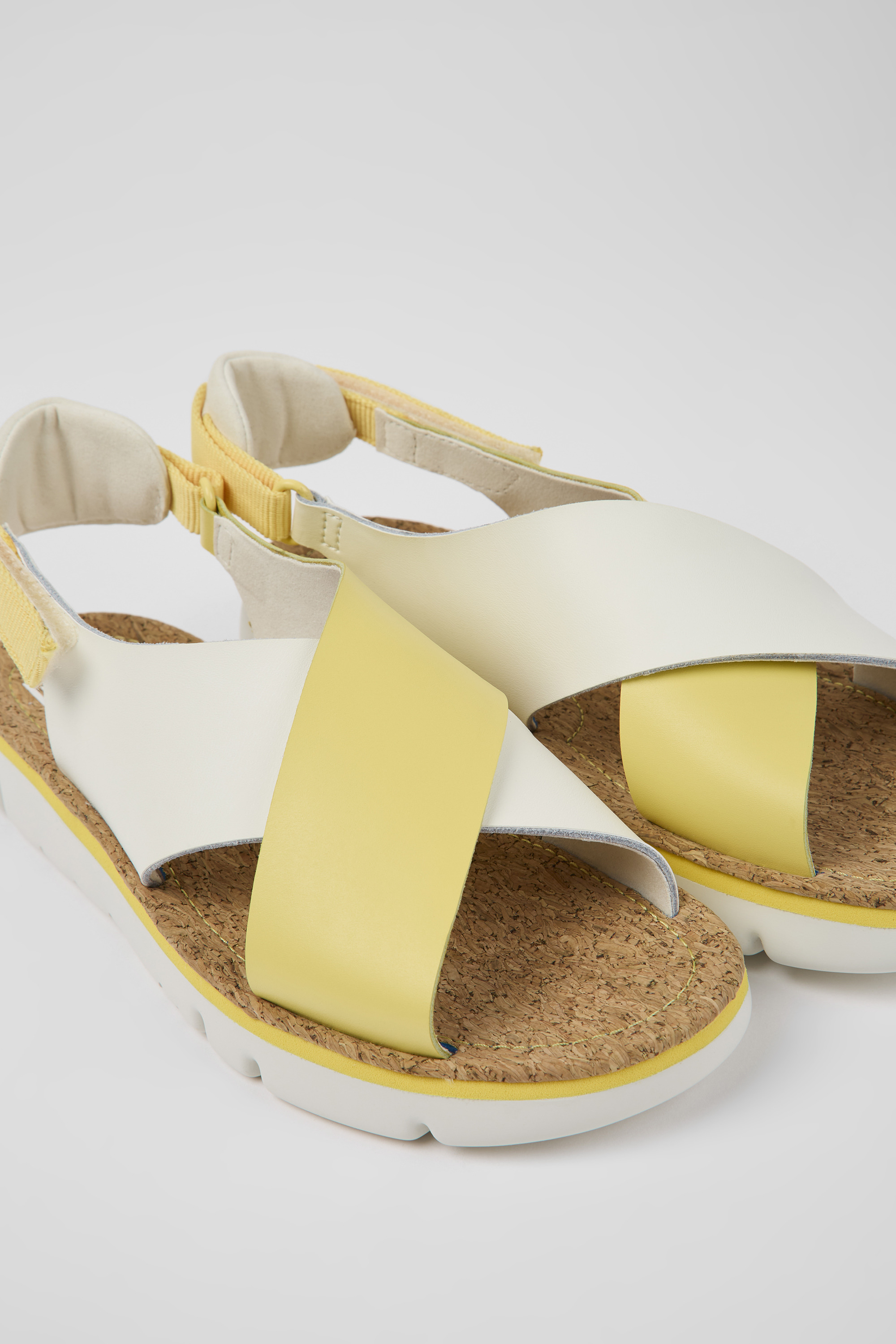 Twins - White and yellow leather and textile sandals for women