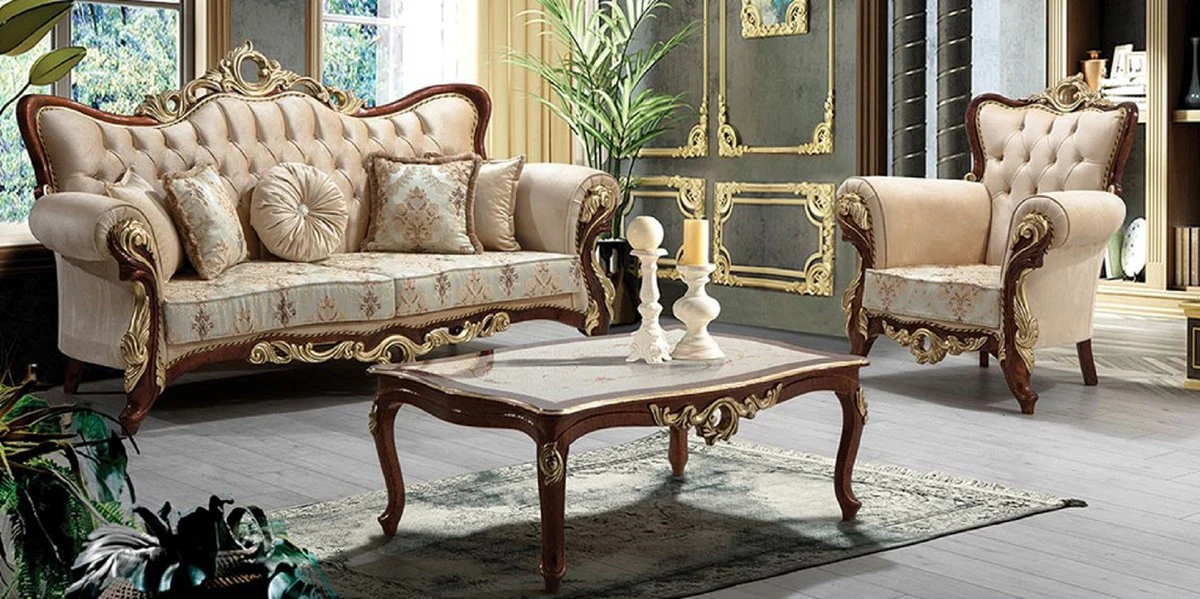 Casa Padrino conjunto de sala de estar barroco de lujo beige / marr¨®n / oro - 2 Sof¨¢s con Patr¨®n y 2 Sillones con Patr¨®n y 1 Mesa de Centro - Magn¨ªfica muebles de sal¨®n barrocos