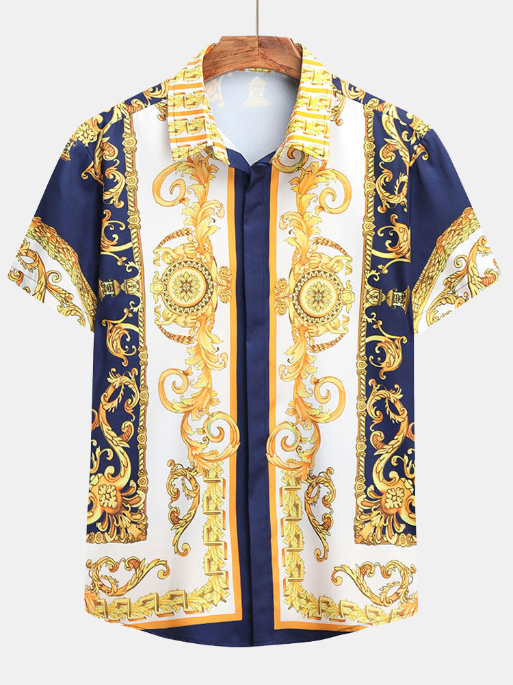 Baroque Print Button Up Shirt & Shorts