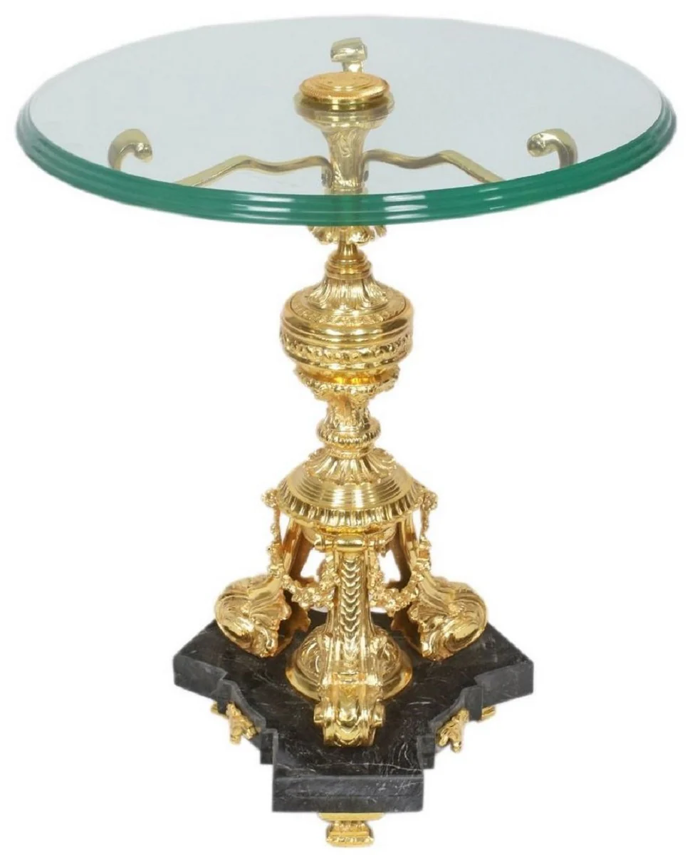 Casa Padrino mesa auxiliar barroco oro / negro ? 53 x A. 67 cm - Mesa redonda de bronce dorado con sobre de vidrio y base de m¨¢rmol - Muebles de sal¨®n barrocos