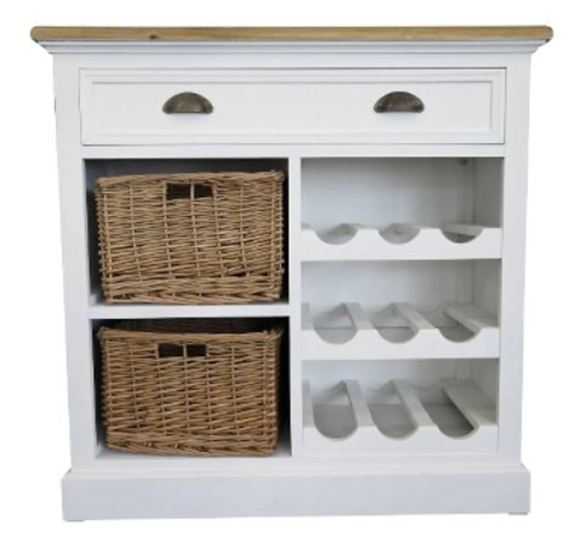 Casa Padrino country style chest with drawer and 2 rattan baskets antique white / natural colors 80 x 35 x H. 80 cm - Handcrafted Chest with Bottle Rack