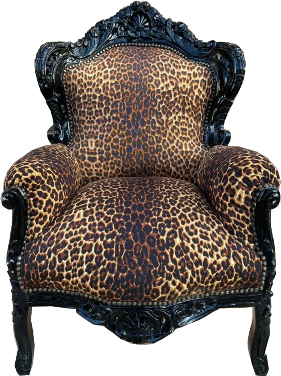 Casa Padrino sill¨®n barroco leopardo / negro - Magn¨ªfico sill¨®n de sal¨®n de madera maciza - Sill¨®n de sal¨®n de estilo antiguo - Muebles de sal¨®n barrocos