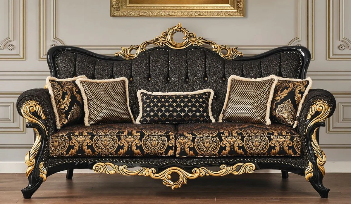 Casa Padrino sof¨¢ barroco de lujo negro / oro 230 x 80 x A. 126 cm - Magn¨ªfico sof¨¢ de sal¨®n con patr¨®n elegante y cojines decorativos - Muebles de sal¨®n barrocos