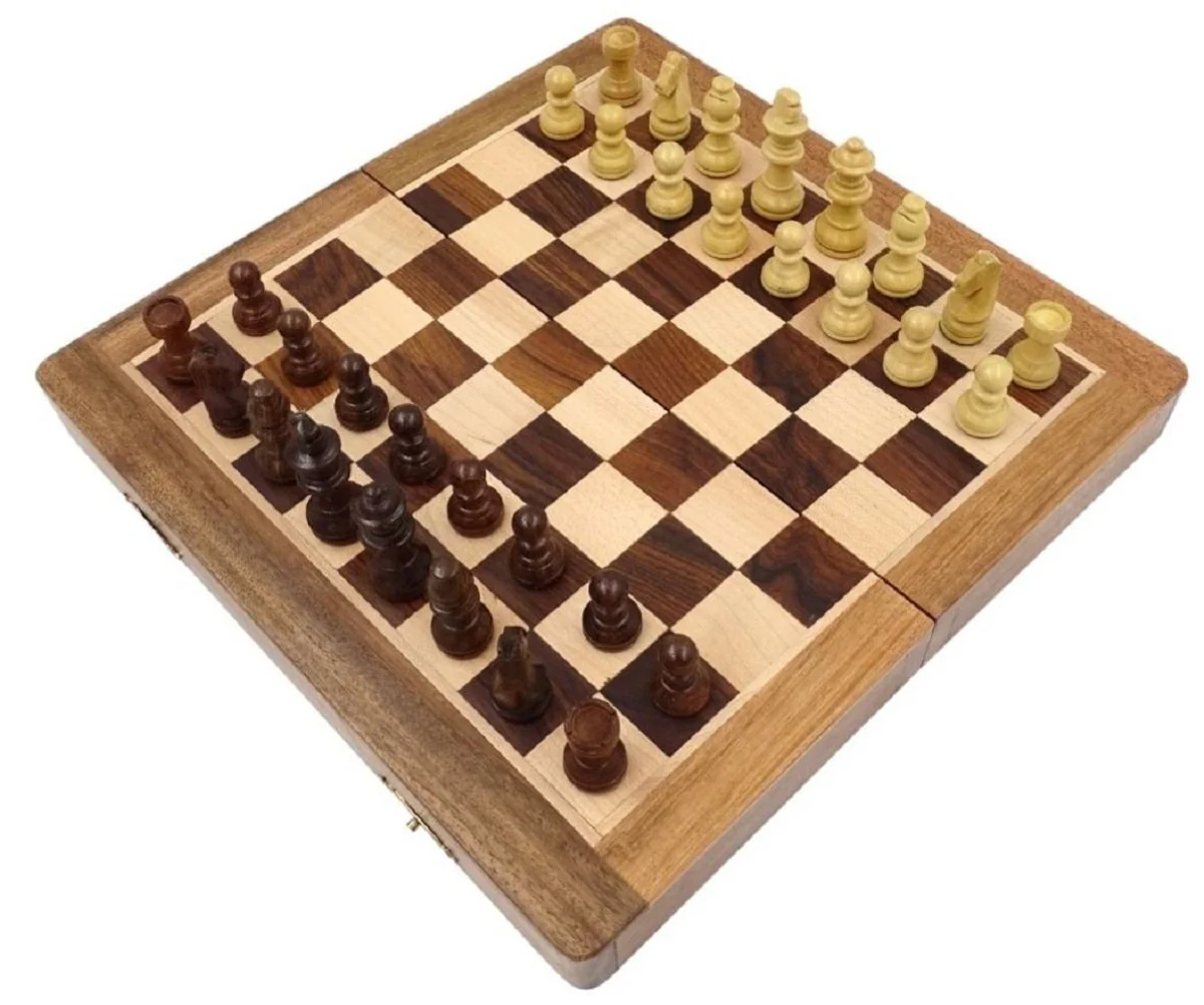 Casa Padrino conjunto de ajedrez de lujo marrón / beige 25 x 25 cm - Ajedrez de madera plegable - Tablero de ajedrez de madera con piezas de ajedrez de madera - Accesorios de lujo