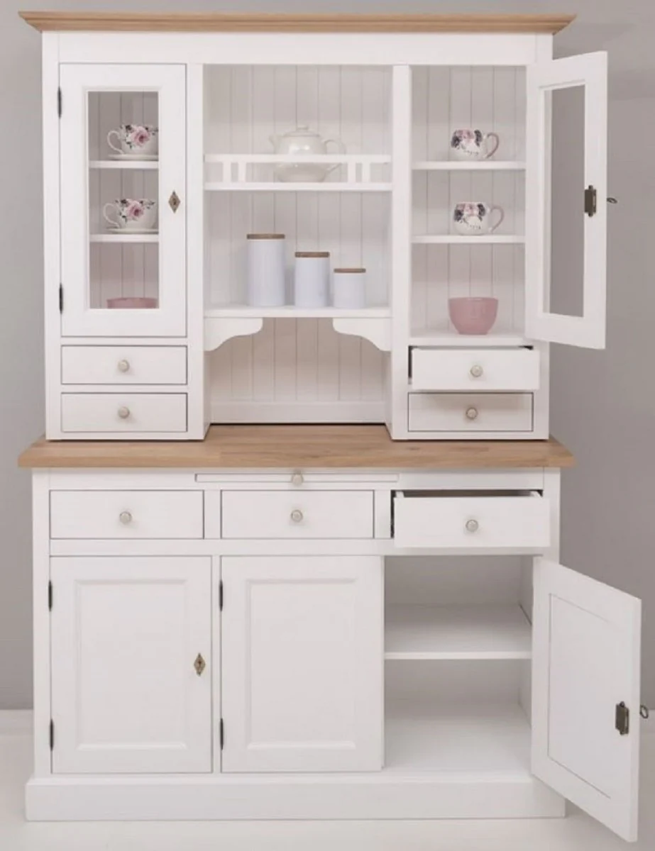 Casa Padrino gabinete de cocina de estilo campestre blanco / natural 138 x 50 x A. 197 cm - Gabinete de Cocina de 2 Piezas con 5 Puertas y 7 Cajones - Muebles de Cocina de Estilo Campestre