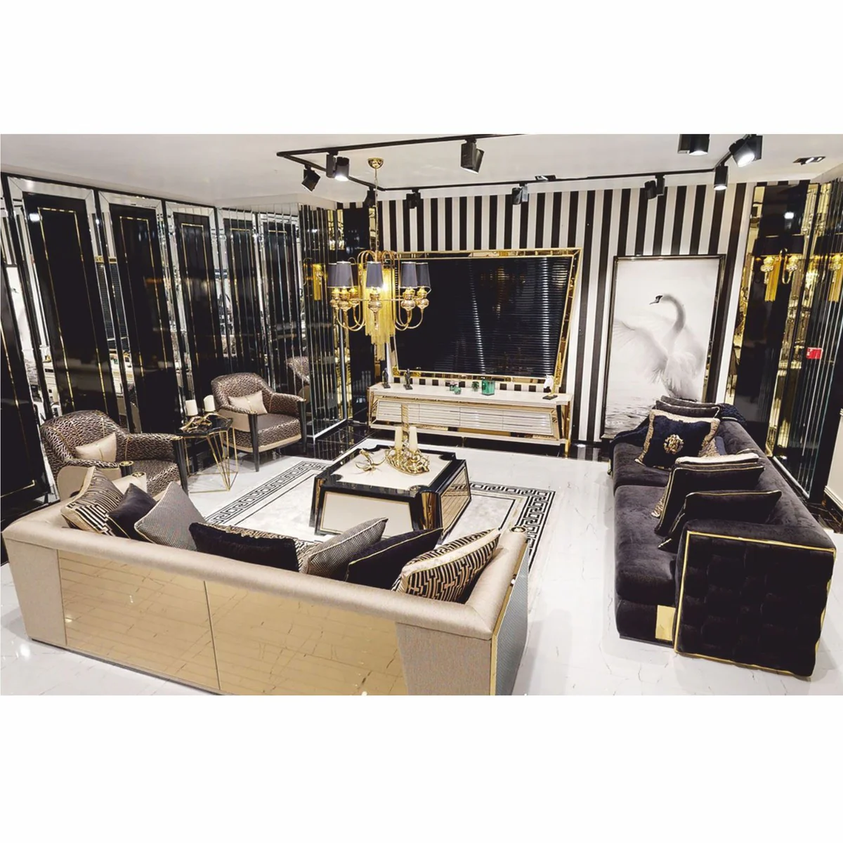 Casa Padrino Mesa de Centro de Lujo Crema / Negro / Oro 115 cm - Muebles para Hotel y Sala de Estar