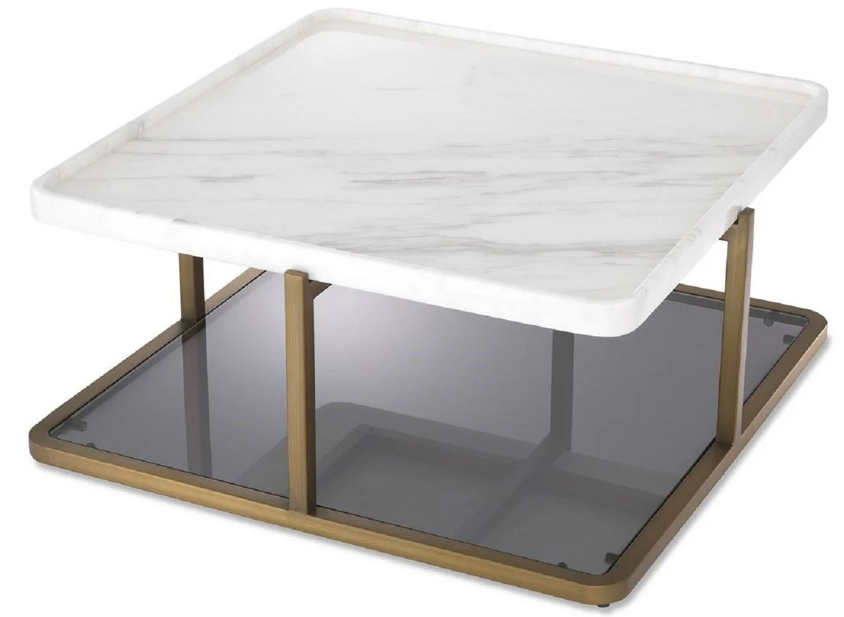 Casa Padrino mesa de centro de lujo lat¨®n / blanco / gris 58 x 58 x A. 27,5 cm - Mesa de sal¨®n moderna de acero inoxidable con tapa de m¨¢rmol y vidrio tintado - Muebles de Lujo