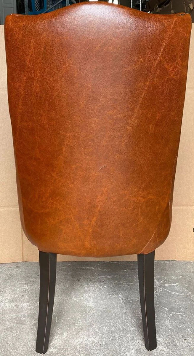 Casa Padrino Silla de Comedor de Cuero Chesterfield Marr¨®n / Negro Antiguo - Silla de Cuero Genuina - Muebles de Comedor de Cuero Chesterfield