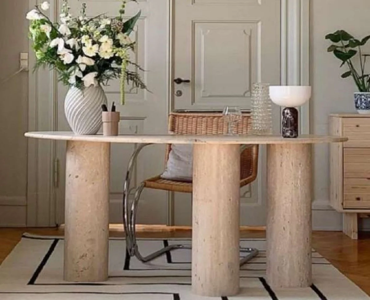 Casa Padrino escritorio de travertino de lujo beige 200 x 80 x A. 72 cm - Mesa de oficina de piedra natural curvada - Muebles de oficina - Muebles de piedra natural de travertino - Muebles de lujo