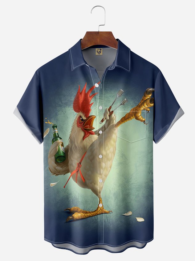 Kung fu Rooster Chest Pocket Short Sleeve Casual Shirt