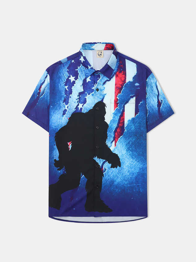Flag Bigfoot Chest Pocket Short Sleeve Casual Shirt
