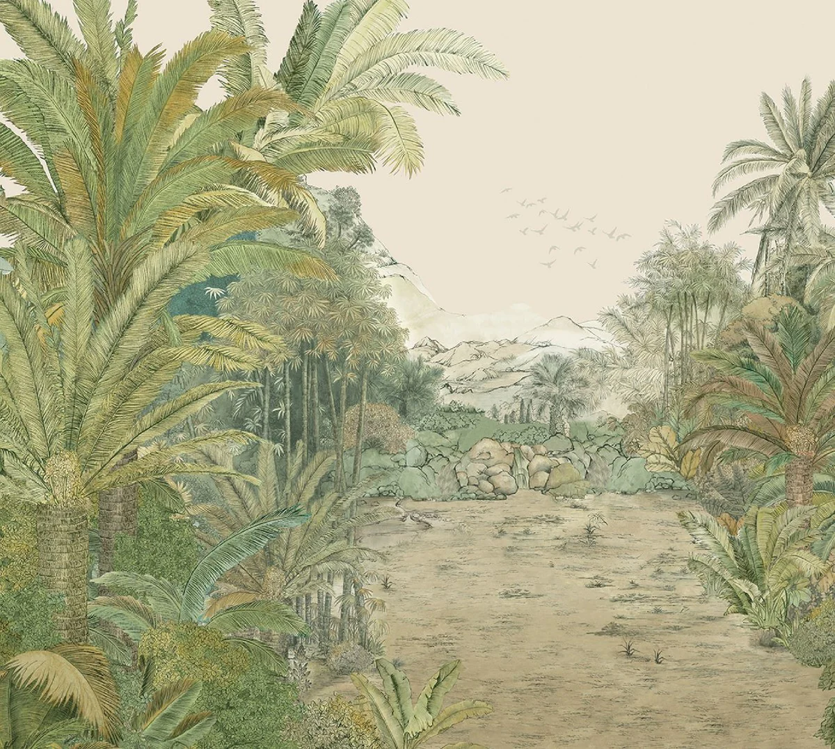 Casa Padrino conjunto de cortinas de lujo palmeras paisaje crema / verde 250 x A. 290 cm - Cortinas de lino y terciopelo estampadas - Cortinas de ojales - Cortinas correderas - Accesorios Decorativos