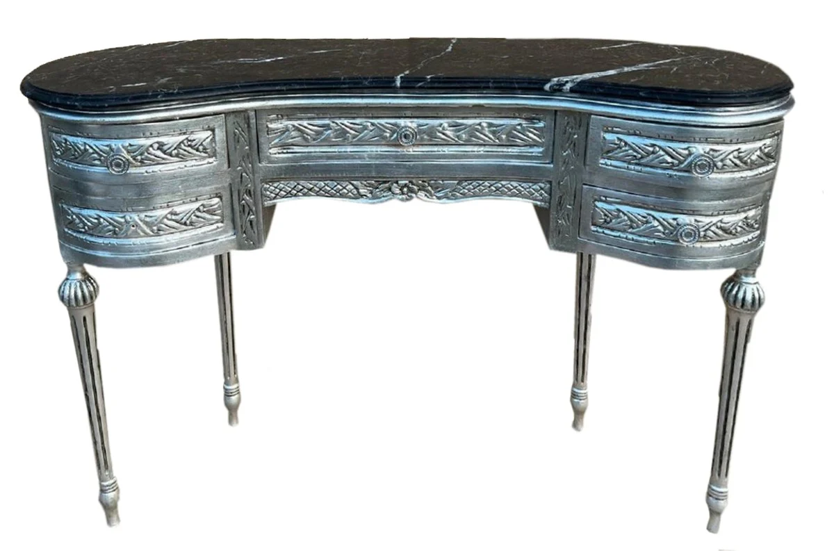 Casa Padrino secretario barroco con encimera de m¨¢rmol y 5 cajones plata / negro - Escritorio de madera maciza hecho a mano en estilo barroco - Muebles de oficina barrocos