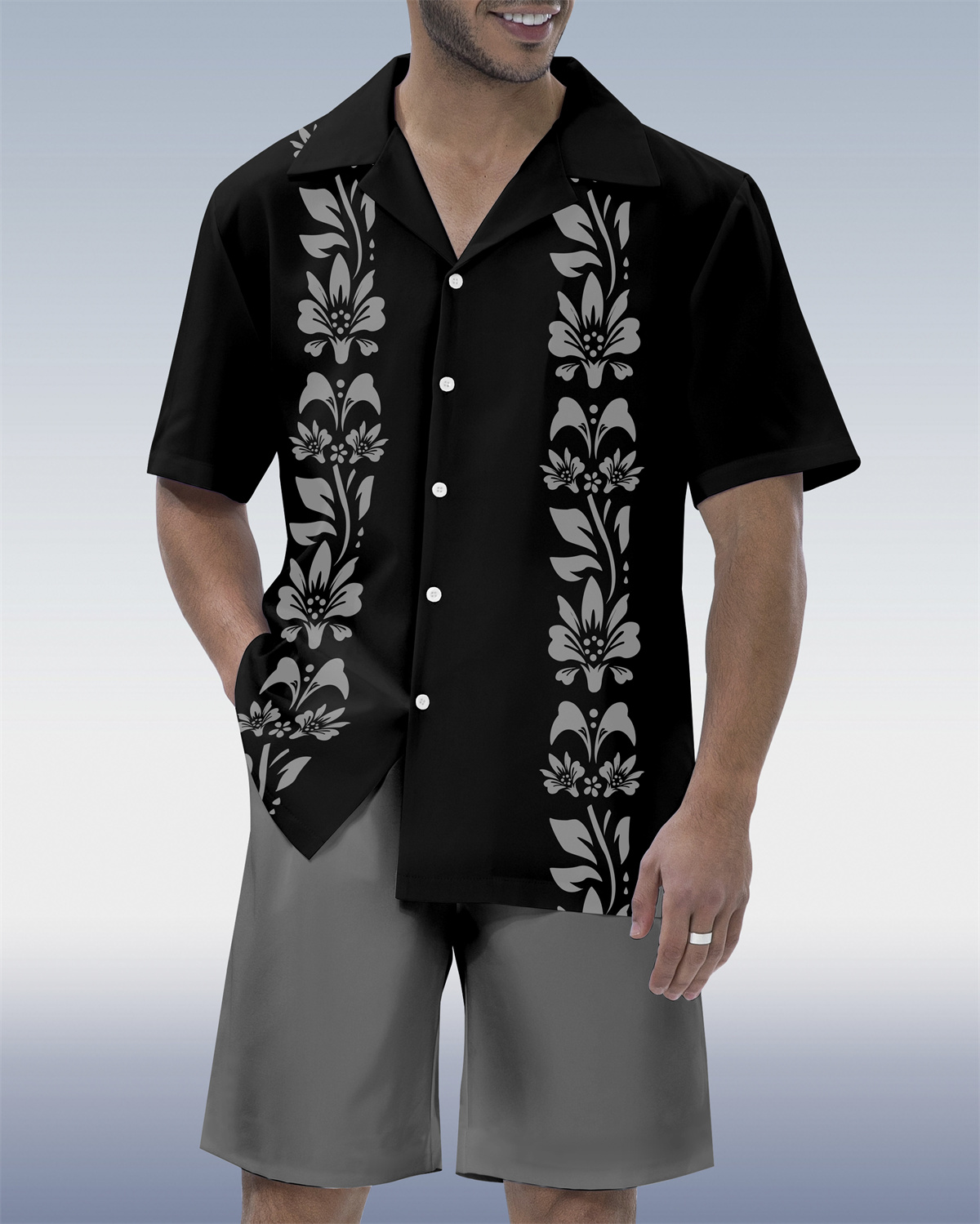 Men's Hawaiian Tiki Party Cuban Collar Short Sleeve Shirt Set
