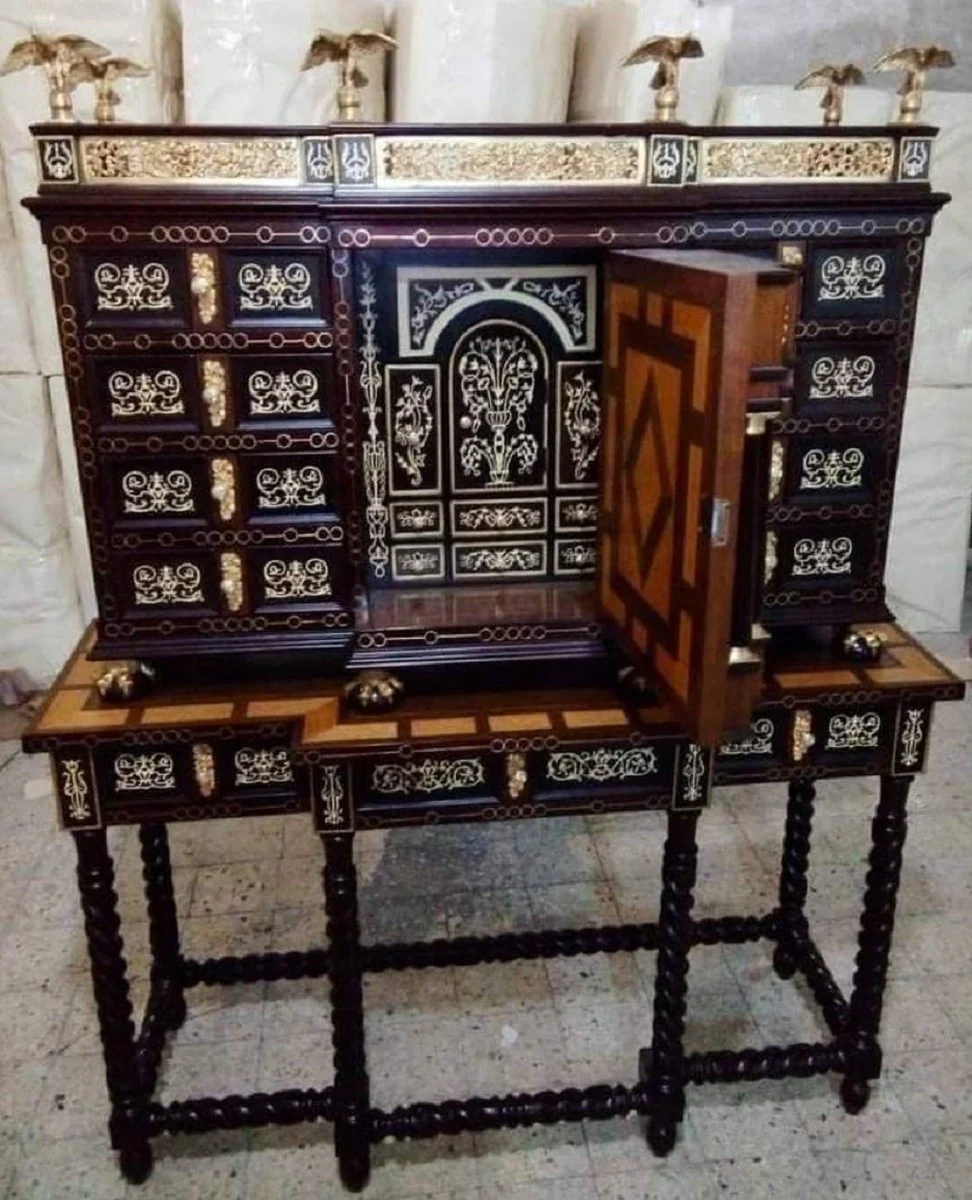 Casa Padrino secreter barroco de lujo marr¨®n oscuro / marr¨®n marqueter¨ªa / negro / oro - Secreter de estilo antiguo con puertas y cajones - Muebles de oficina barrocos - Noble y Magn¨ªfico