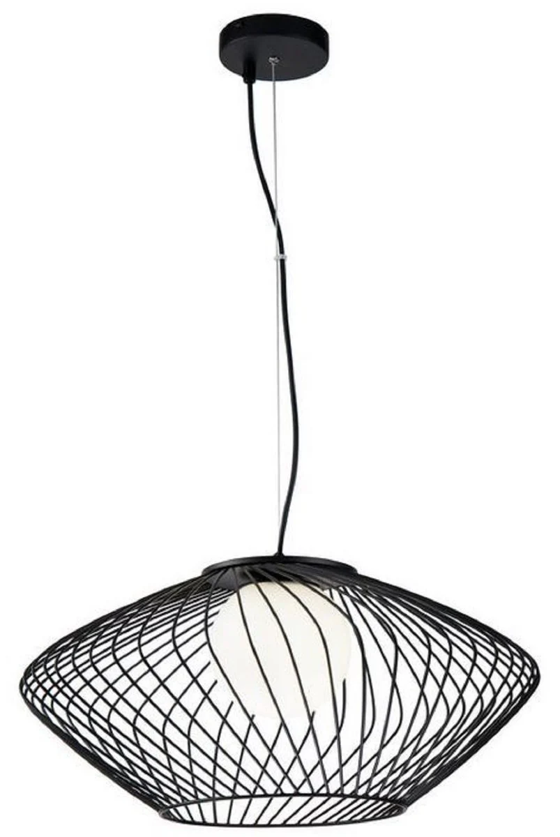 Casa Padrino lámpara colgante de lujo negro / blanco Ø 52 x H. 24 cm - Lámpara Colgante de Metal de Altura Ajustable con Pantalla de Vidrio