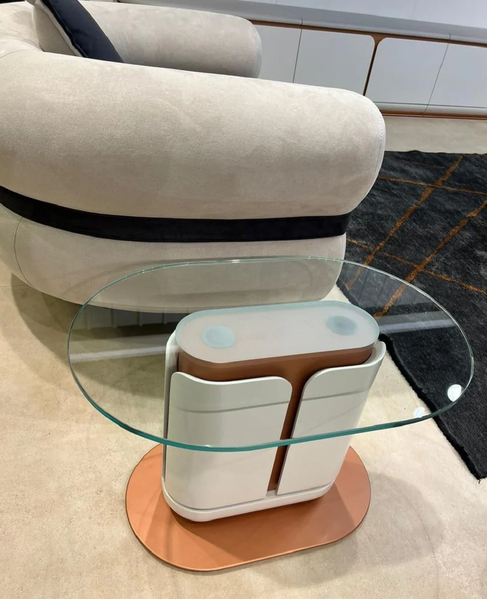 Casa Padrino mesa auxiliar de lujo blanco / cobre 60 x 40 x A. 40 cm - Mesa ovalada con tapa de vidrio - Muebles de sal¨®n - Muebles de hotel - Muebles de lujo