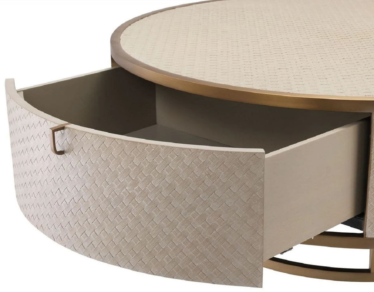 Casa Padrino mesa de centro de lujo beige / lat¨®n ? 100 x A. 40,5 cm - Mesa de Sal¨®n Redonda con 2 Cajones - Muebles de Sal¨®n de Lujo