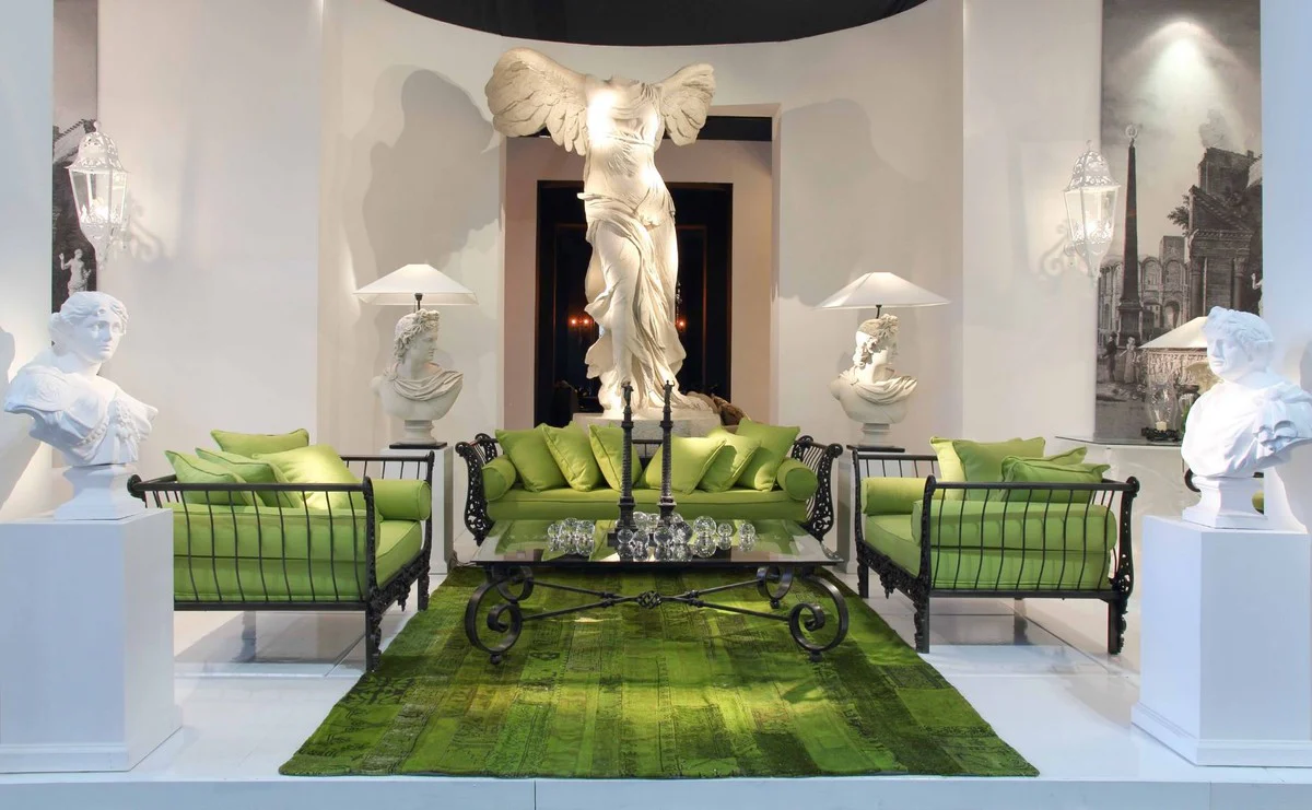 Casa Padrino Conjunto de Muebles de Hierro Forjado Barroco de Lujo Verde / Negro - 1 Sof¨¢ & 2 Sillones & 1 Mesa de Centro - Muebles de Sal¨®n - Muebles Jard¨ªn - Muebles Barrocos de Lujo