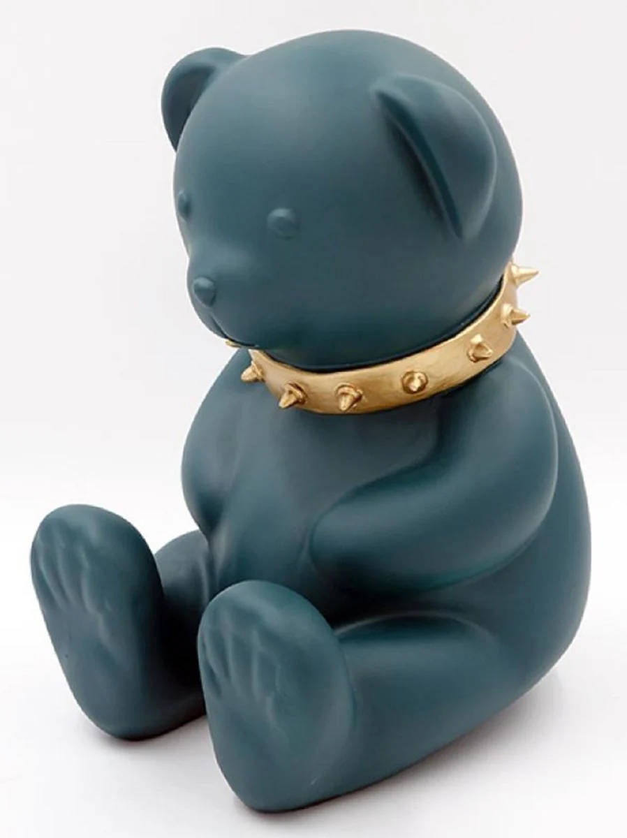 Casa Padrino figura decorativa de diseño de lujo oso de peluche con collar verde / oro A. 31 cm - Escultura decorativa de resina - Figura decorativa de lujo - Figura decorativa de diseño