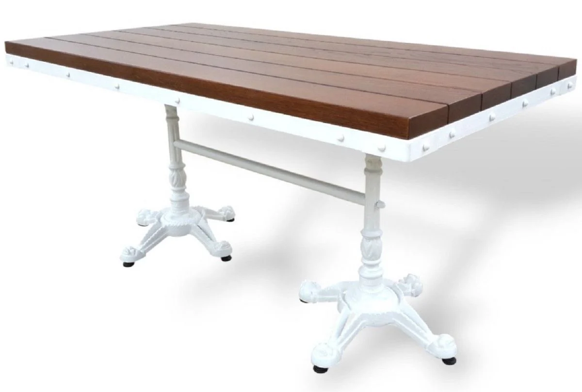 Casa Padrino Mesa de Comedor de Jard¨ªn de Estilo Industrial Marr¨®n Oscuro / Blanco 140 x 80 x A. 76 cm - Mesa de jard¨ªn rectangular con tablero de madera maciza - Muebles de Jard¨ªn