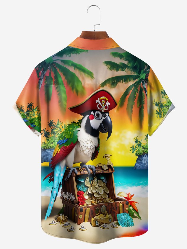 Pirate Parrot Chest Pocket Short Sleeve Hawaiian Shirt