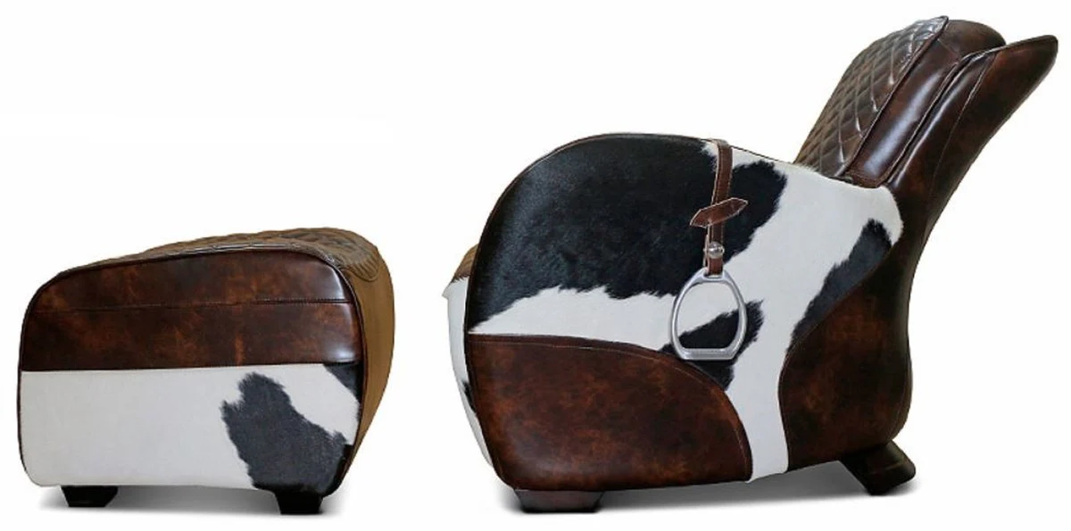 Casa Padrino sill¨®n de sal¨®n de cuero genuino con otomana marr¨®n oscuro / blanco / negro / plata - Muebles de Sal¨®n - Muebles de Cuero Genuino