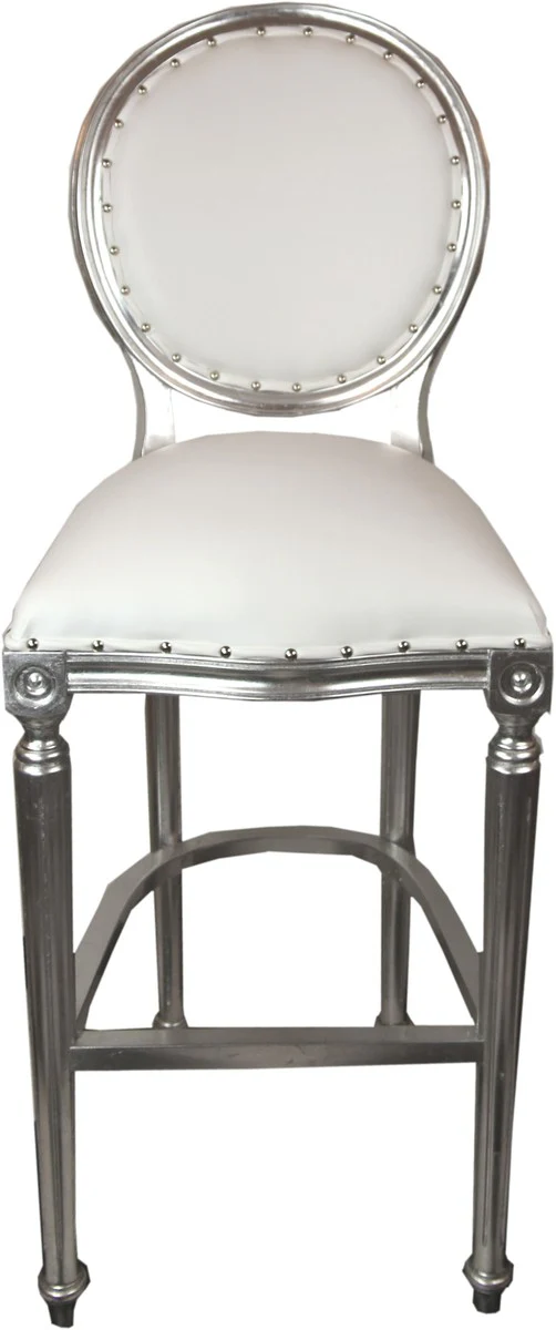 Casa Padrino barroco Silla de la barra Blanco / Plata aspecto de cuero - silla alta barra de bar taburete - Muebles club