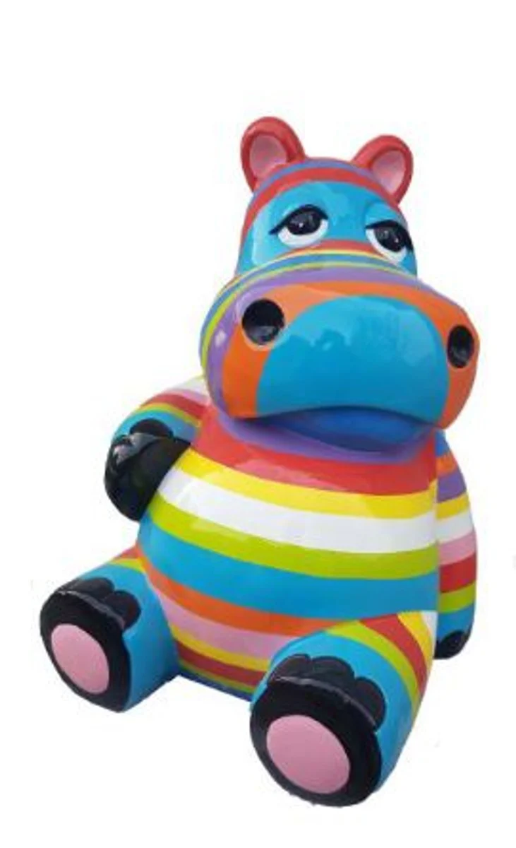 Casa Padrino escultura de diseño hipopótamo sentado multicolor rayas A. 48 cm - Figura decorativa resistente a la intemperie - Decoración salón - Decoración jardín - Decoración terraza